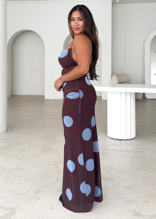 Ellina Mesh Maxi Dress - Choc Blue Spot