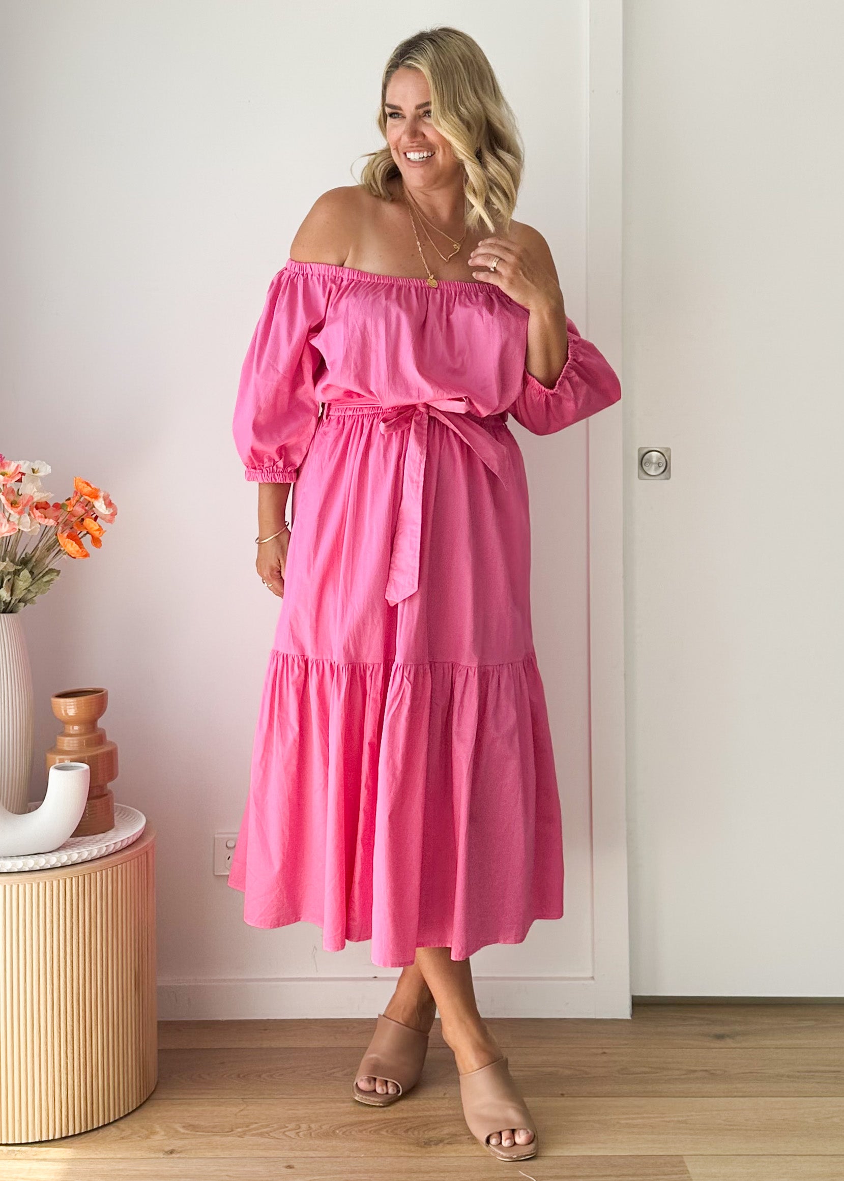 Bolla Off Shoulder Midi Dress - Hot Pink