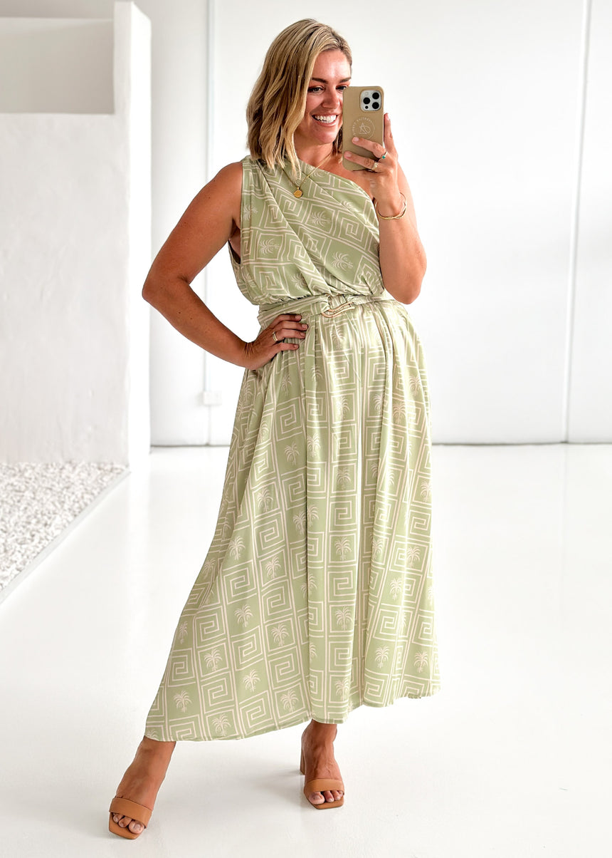 Korah One Shoulder Midi Dress Green Palm