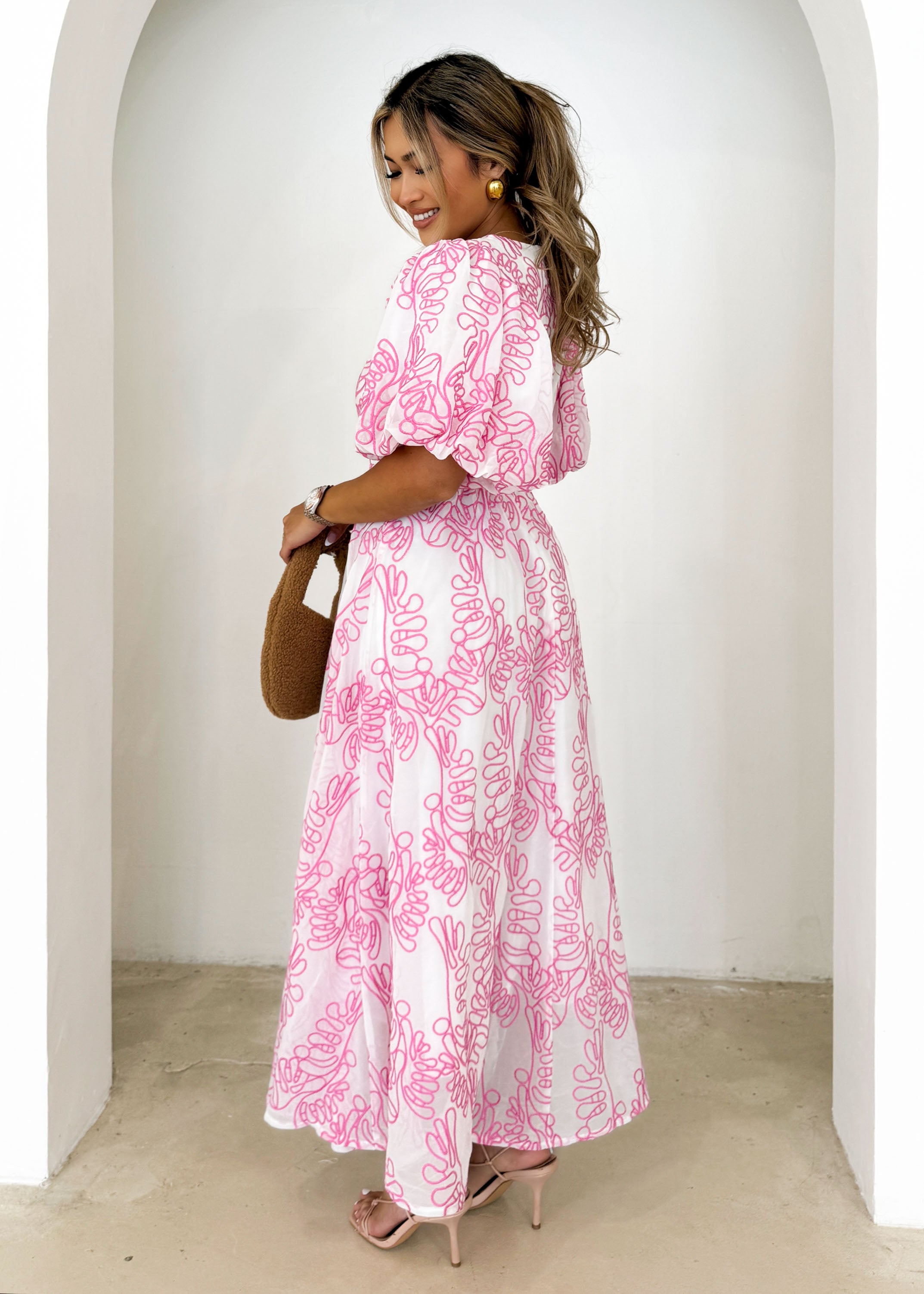 Ninetta Midi Dress - Pink Embroidered