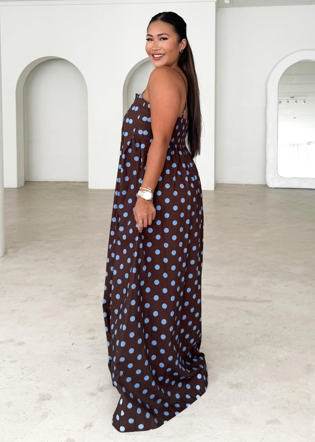 Marinella Maxi Dress - Choc Blue Polka Dot