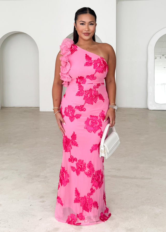 Trilby One Shoulder Mesh Maxi Dress - Pink Floral