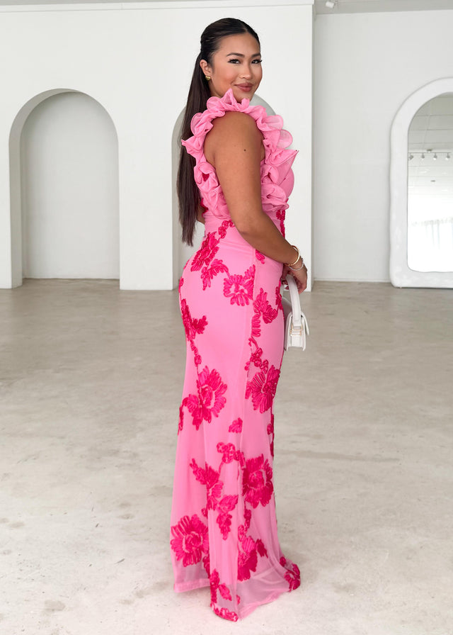 Trilby One Shoulder Mesh Maxi Dress - Pink Floral