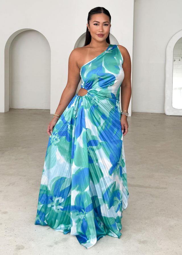 Kiyo One Shoulder Midi Dress - Aqua Petal