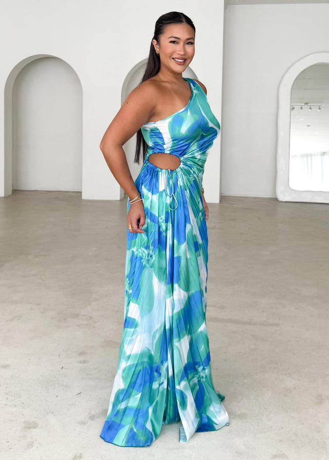 Kiyo One Shoulder Midi Dress - Aqua Petal
