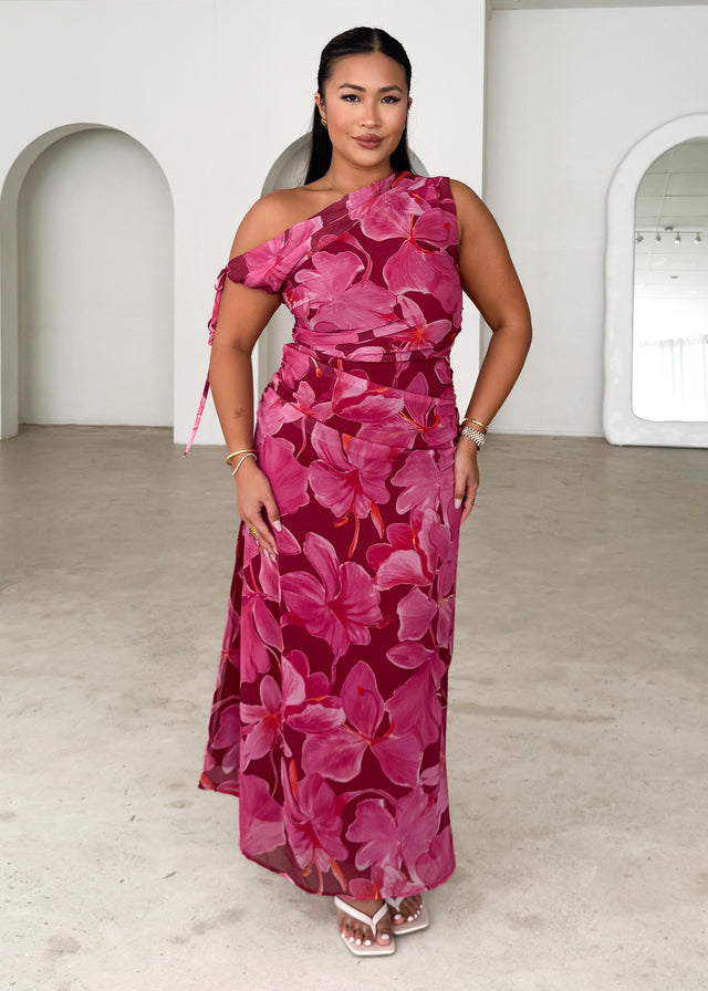 Nila Drop Shoulder Midi Dress - Burgundy Floral Gingham & Heels Nila Drop Shoulder Midi Dress - Burgundy Floral Gingham & Heels