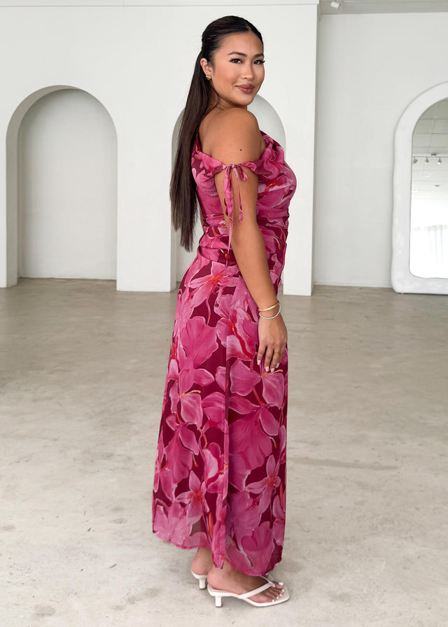 Nila Drop Shoulder Midi Dress - Burgundy Floral