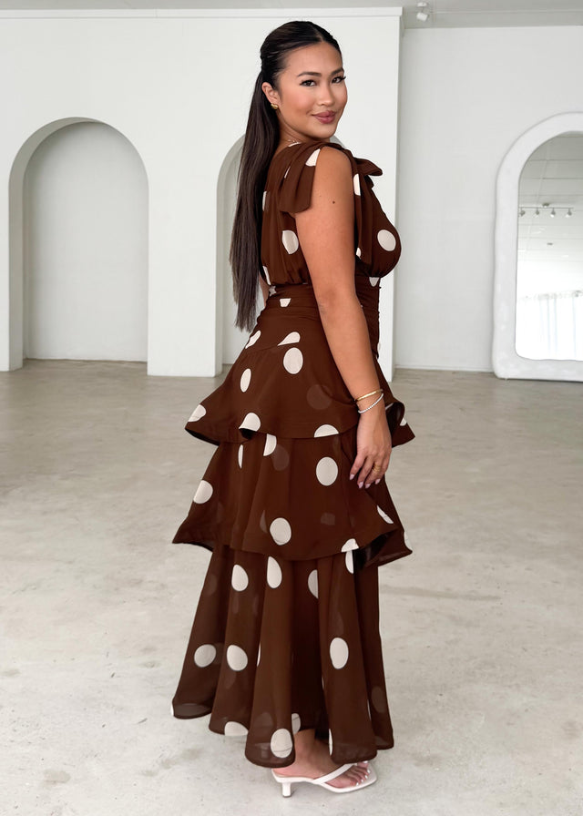 Bailee One Shoulder Midi Dress - Tan Polka
