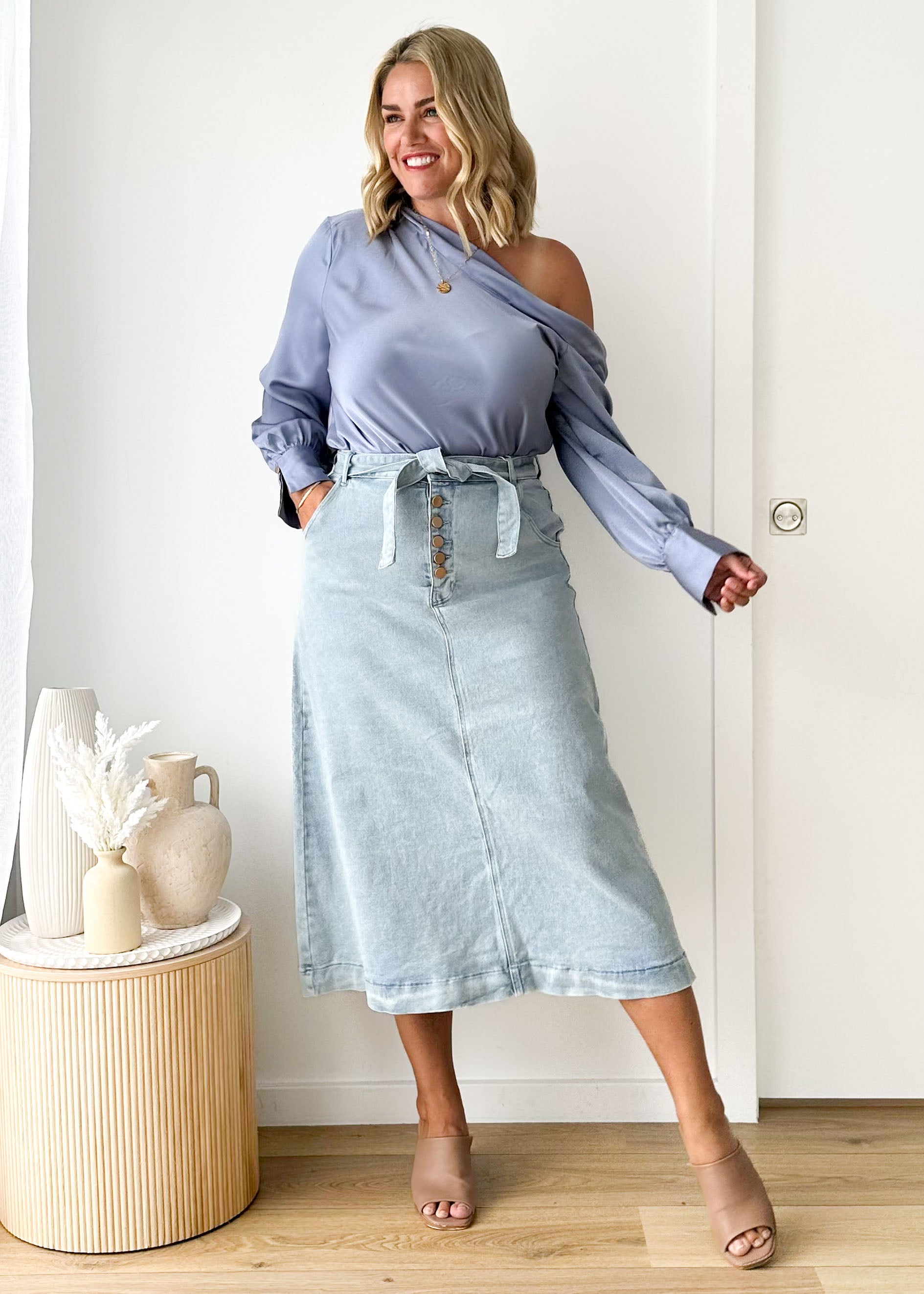 Ramsie Stretch Denim Midi Skirt - Light Blue