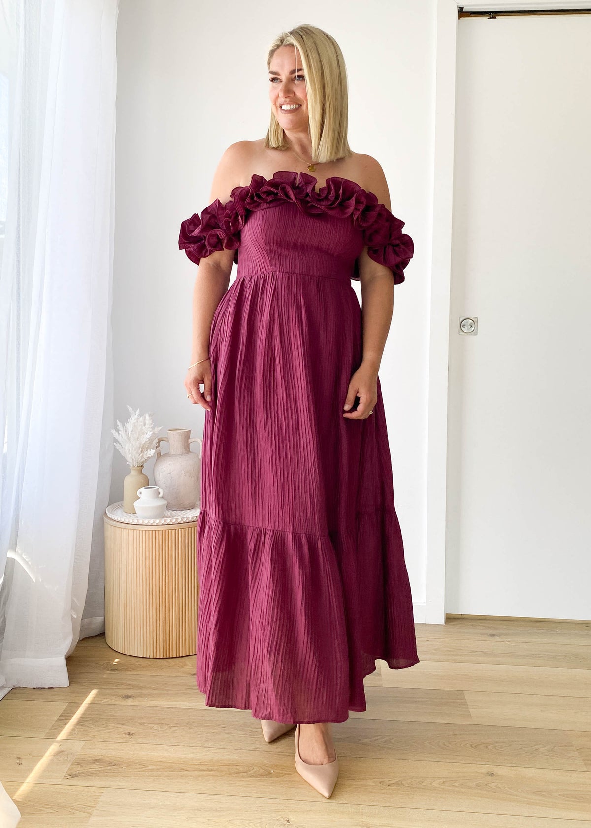 Marlow Off Shoulder Maxi Dress - Mulberry – Gingham & Heels