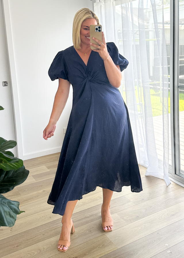 Yilkia Linen Midi Dress - Navy
