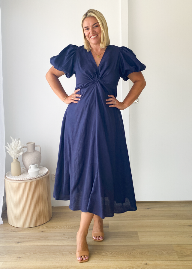 Yilkia Linen Midi Dress - Navy