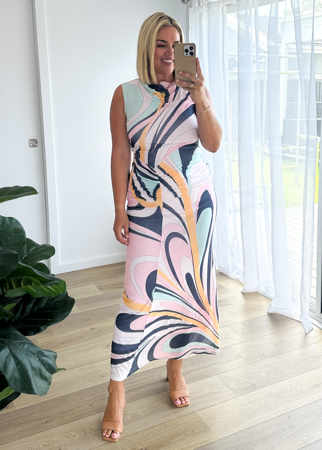 Babylon Mesh Midi Dress - Pink Swirl Print