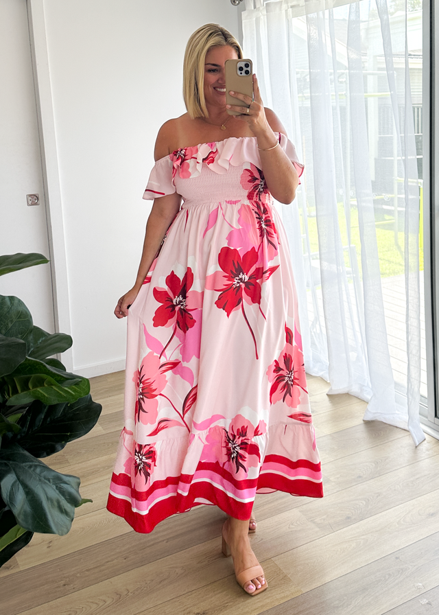 Lina Off Shoulder Maxi Dress - Strawberry Bloom