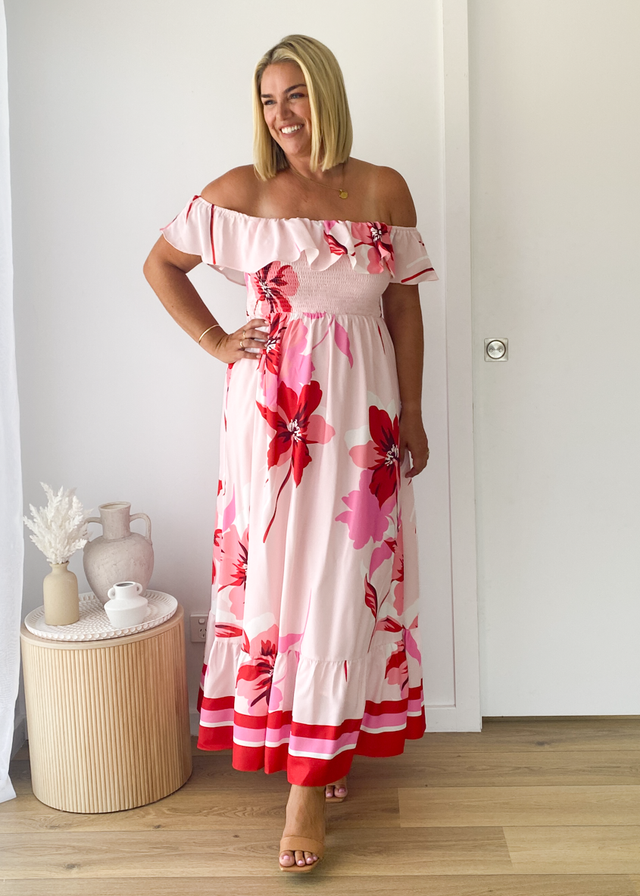 Lina Off Shoulder Maxi Dress - Strawberry Bloom