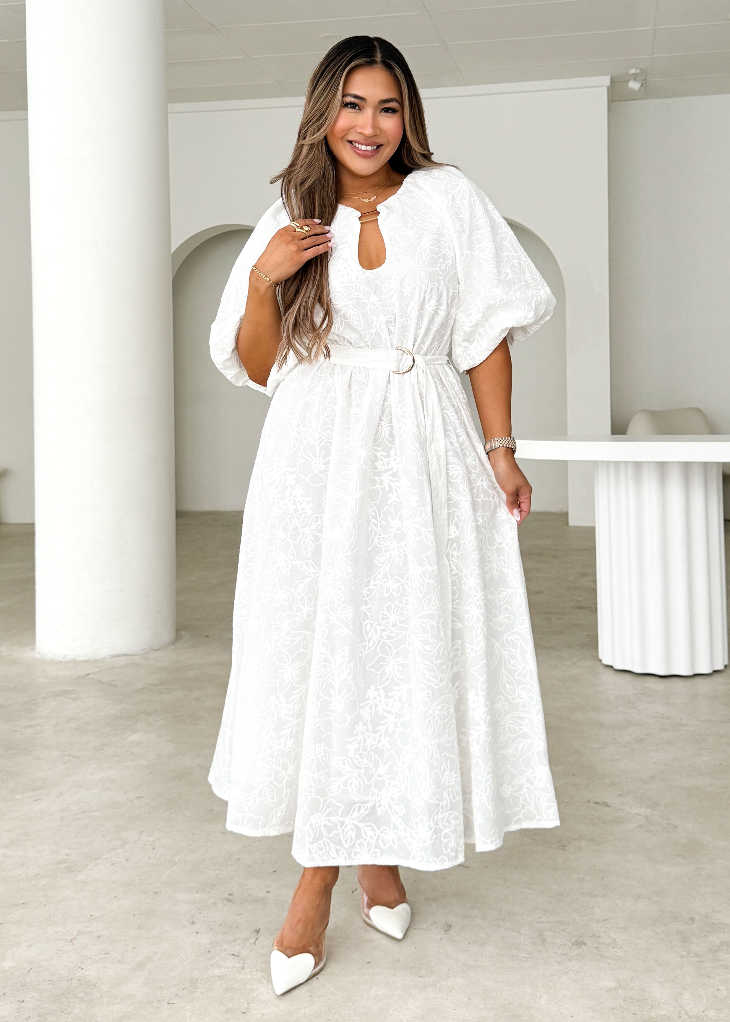 Vida Midi Dress - White Anglaise