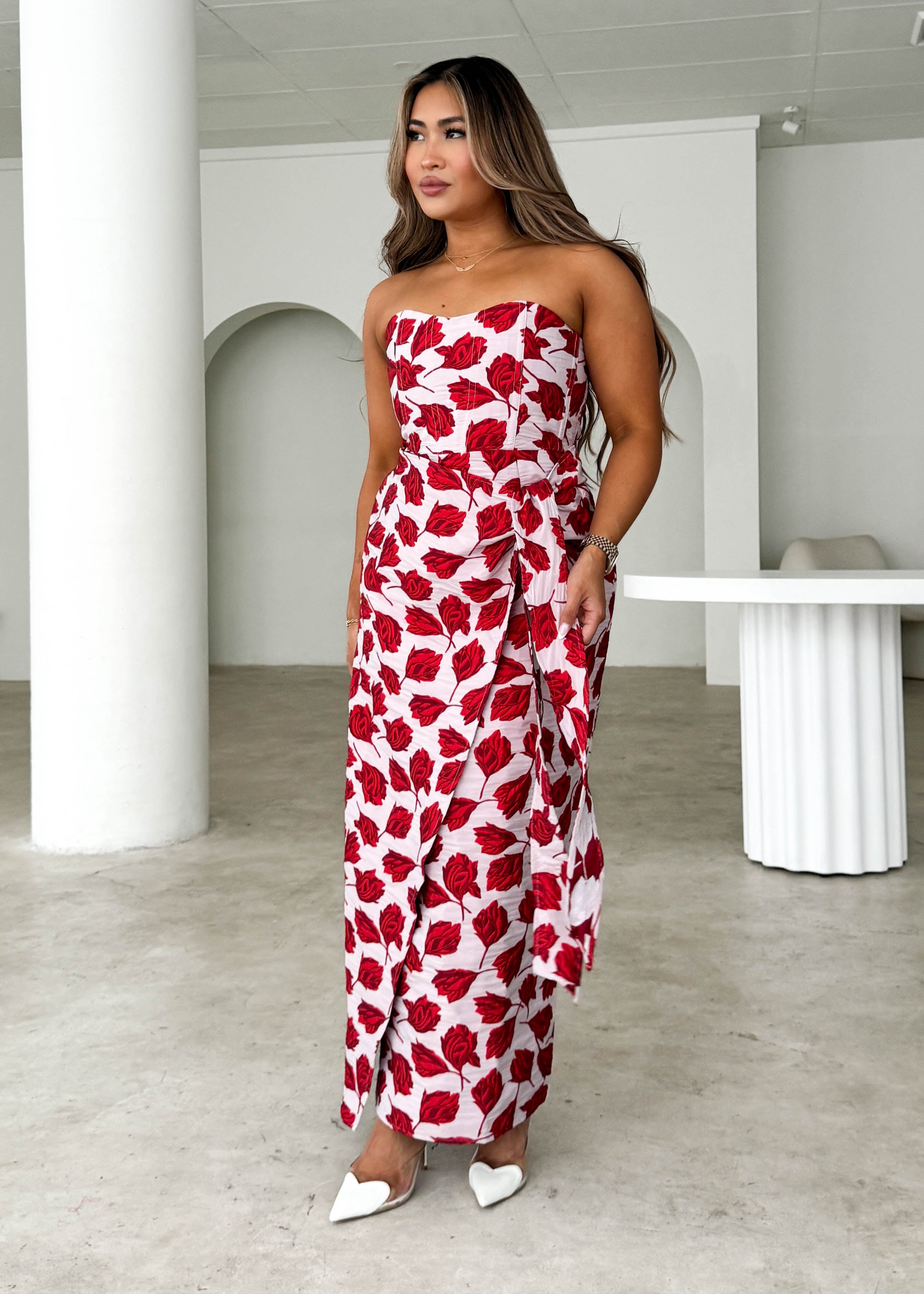 Indra Strapless Midi Dress - Red Rose