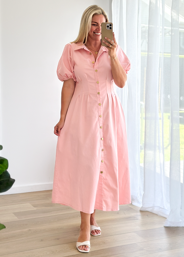 Yves Stretch Denim Midi Dress - Pink
