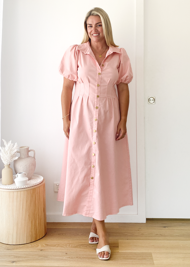 Yves Stretch Denim Midi Dress - Pink