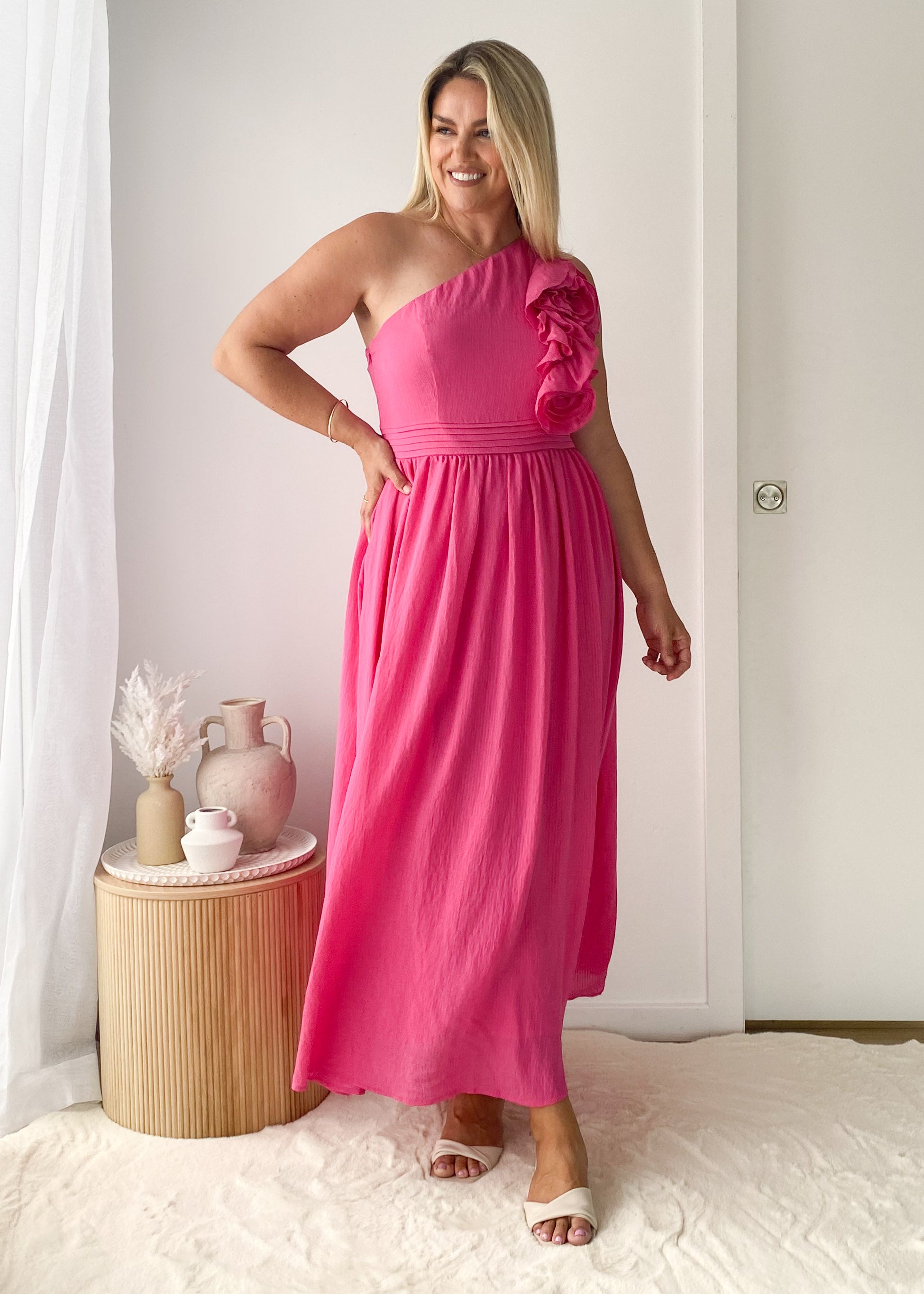 Essja One Shoulder Midi Dress - Pink