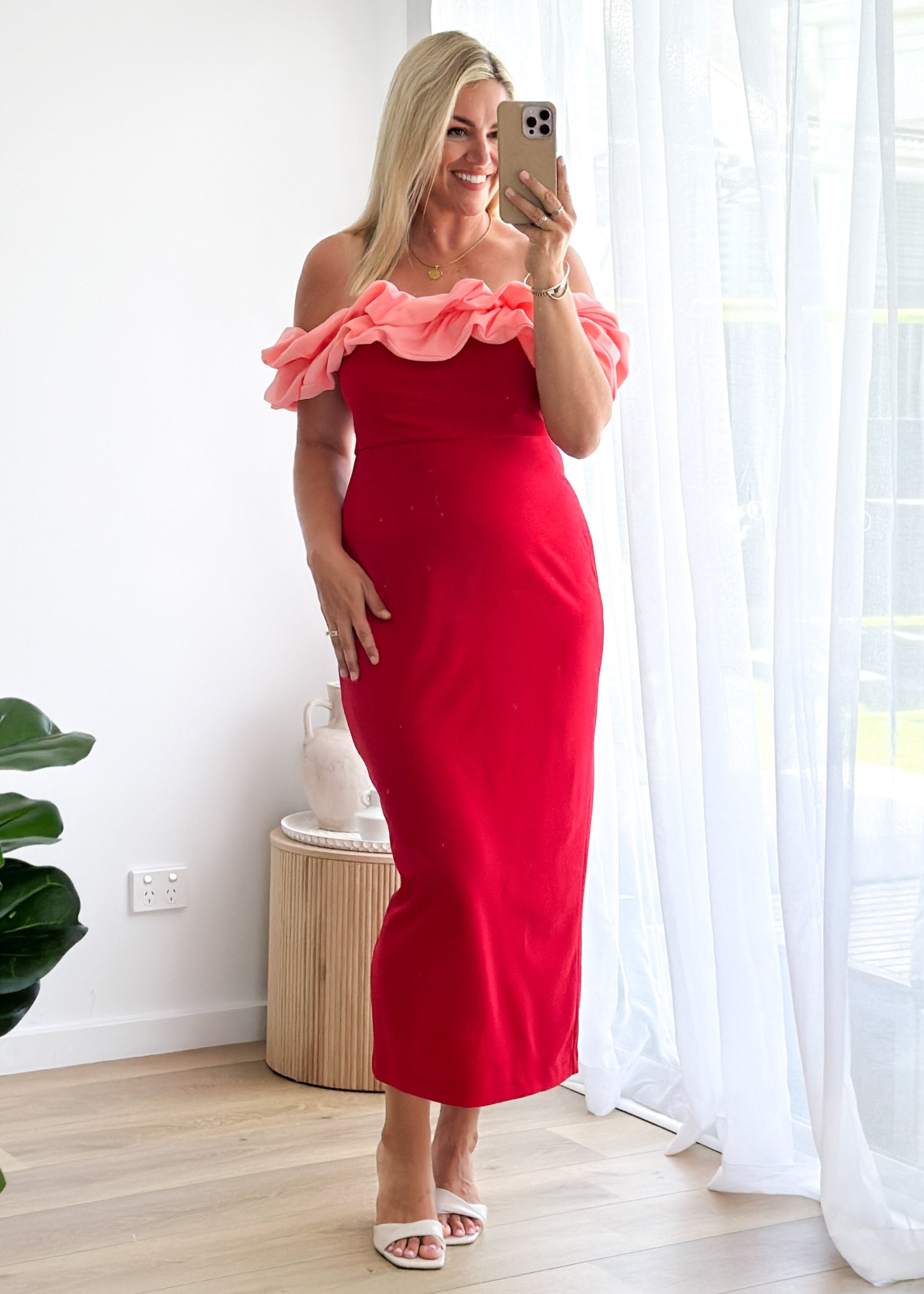 Ashlynn Off Shoulder Midi Dress - Cherry Splice