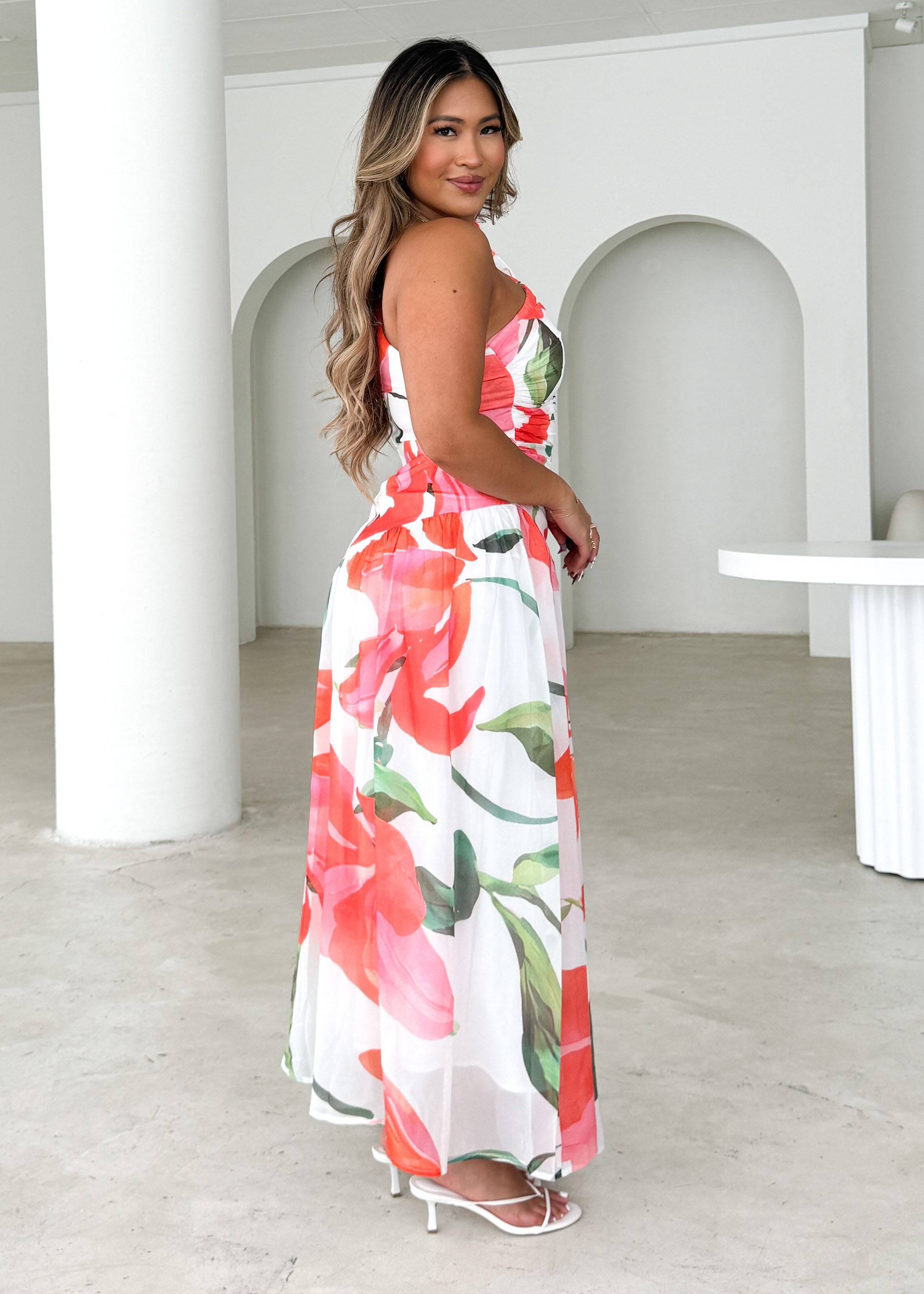 Lentara One Shoulder Maxi Dress - Red Flowers