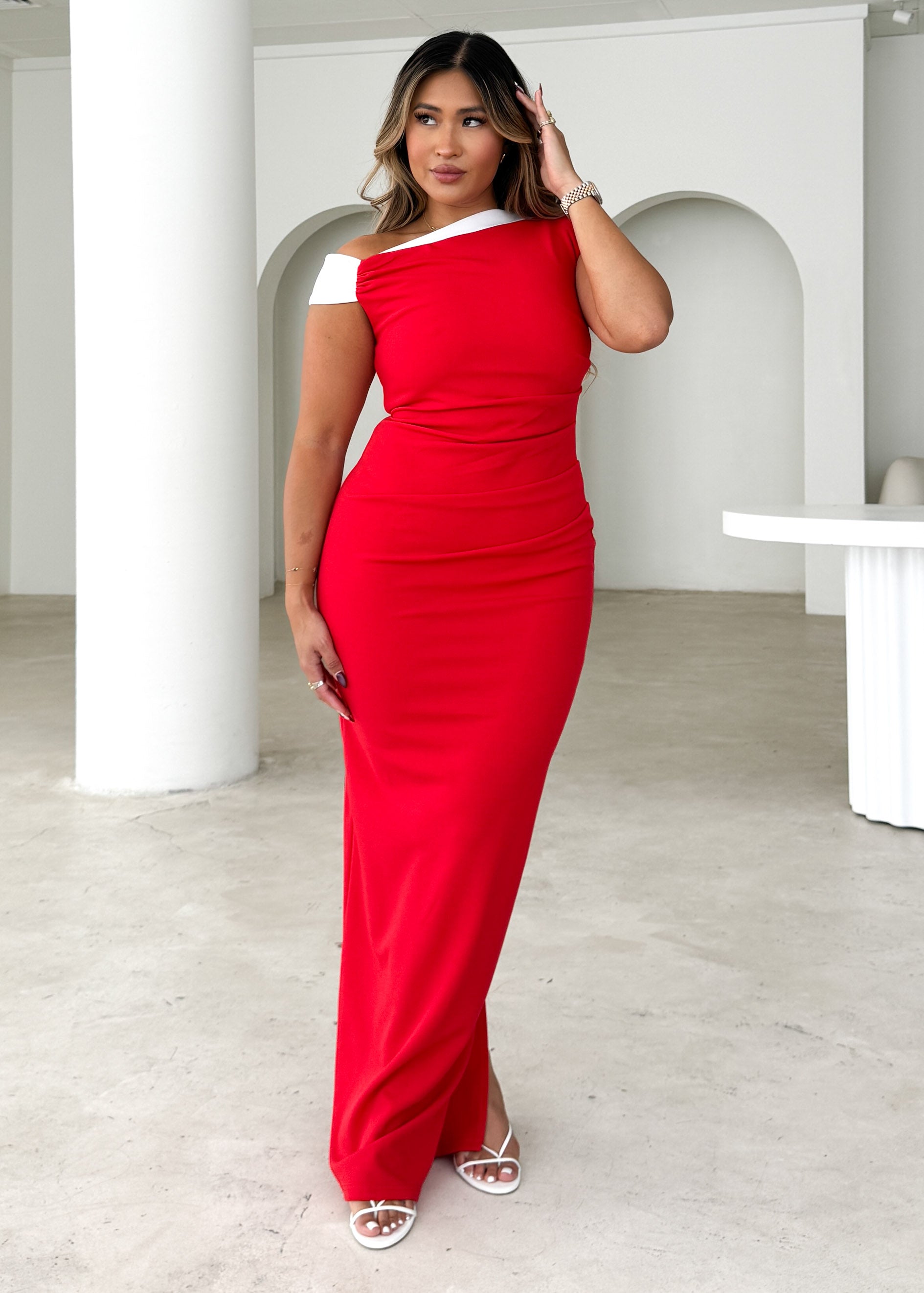 Naida One Shoulder Maxi Dress - Red