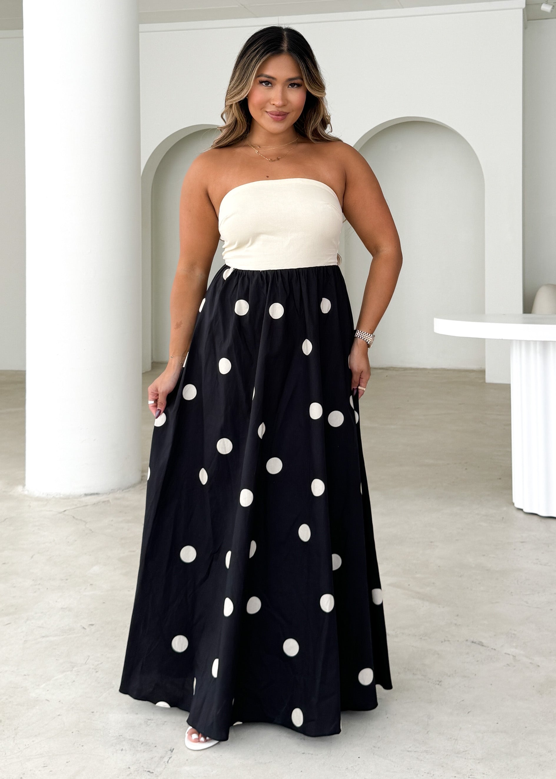 Nadya Strapless Maxi Dress - Cream Polka