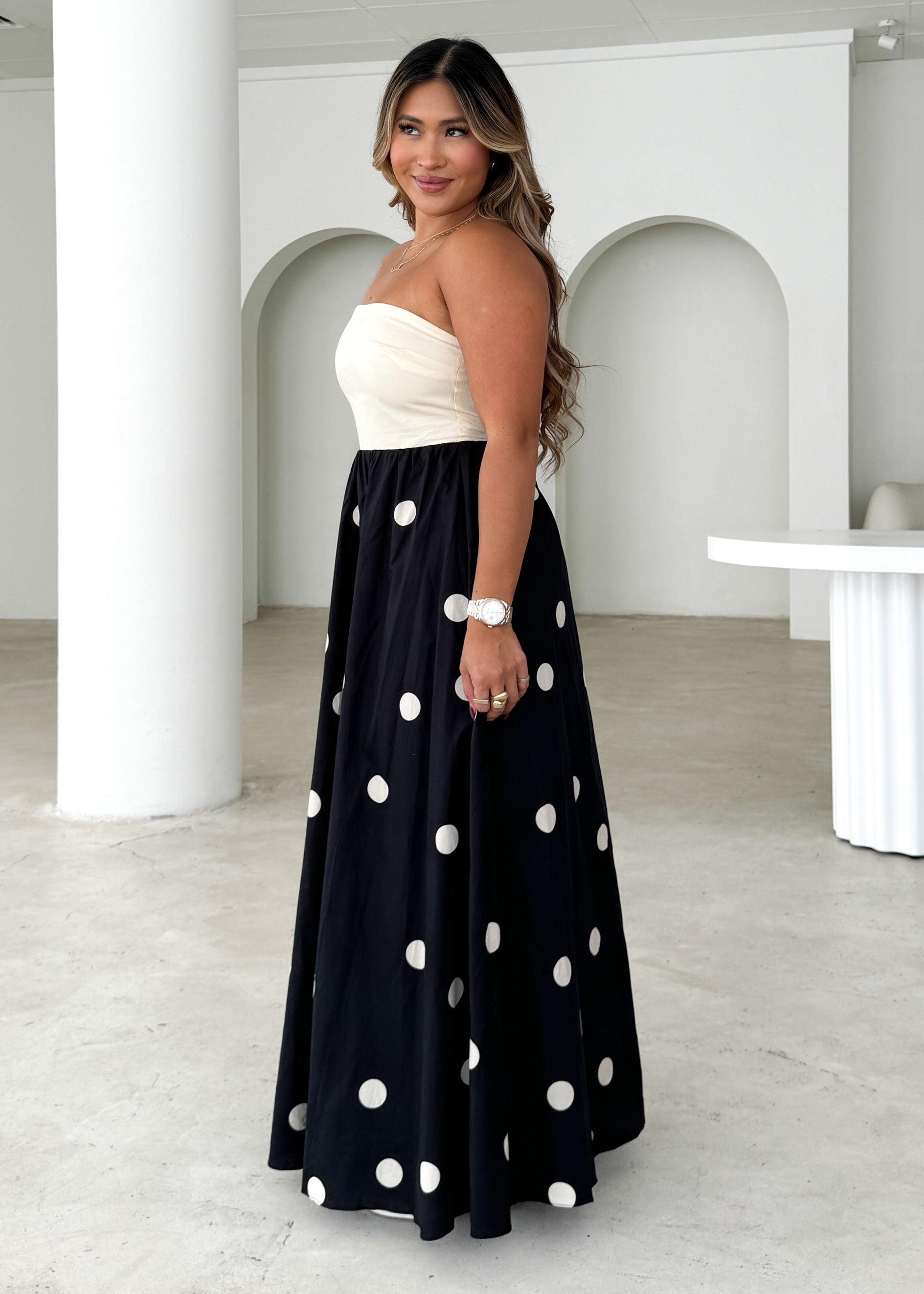 Nadya Strapless Maxi Dress - Cream Polka