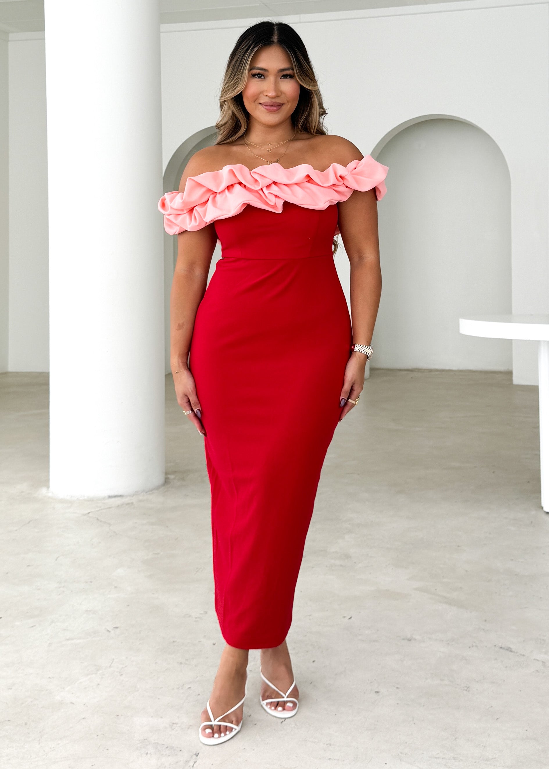 Ashlynn Off Shoulder Midi Dress - Cherry Splice