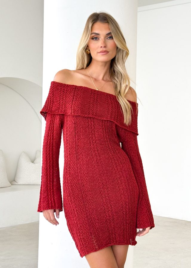 Luna Off Shoulder Knit Dress - Maroon Luna Off Shoulder Knit Dress - Maroon