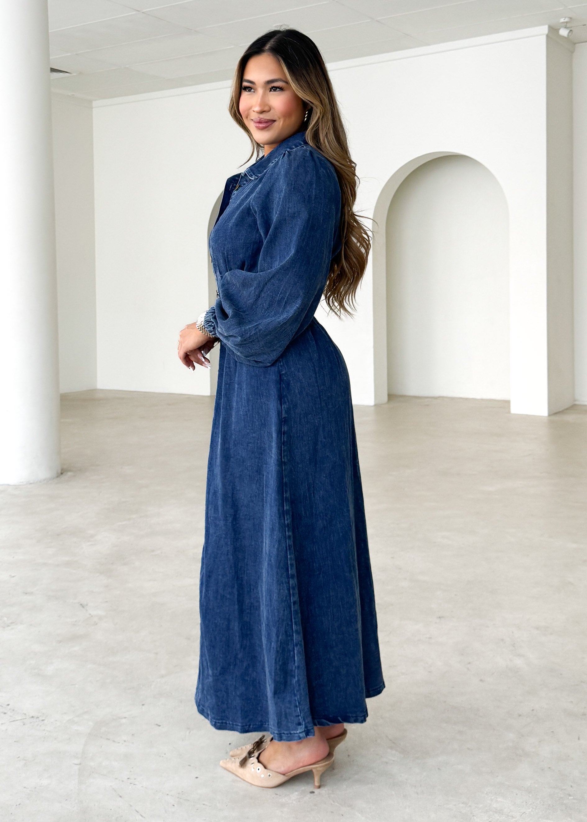 Long sleeve denim long dresses best sale