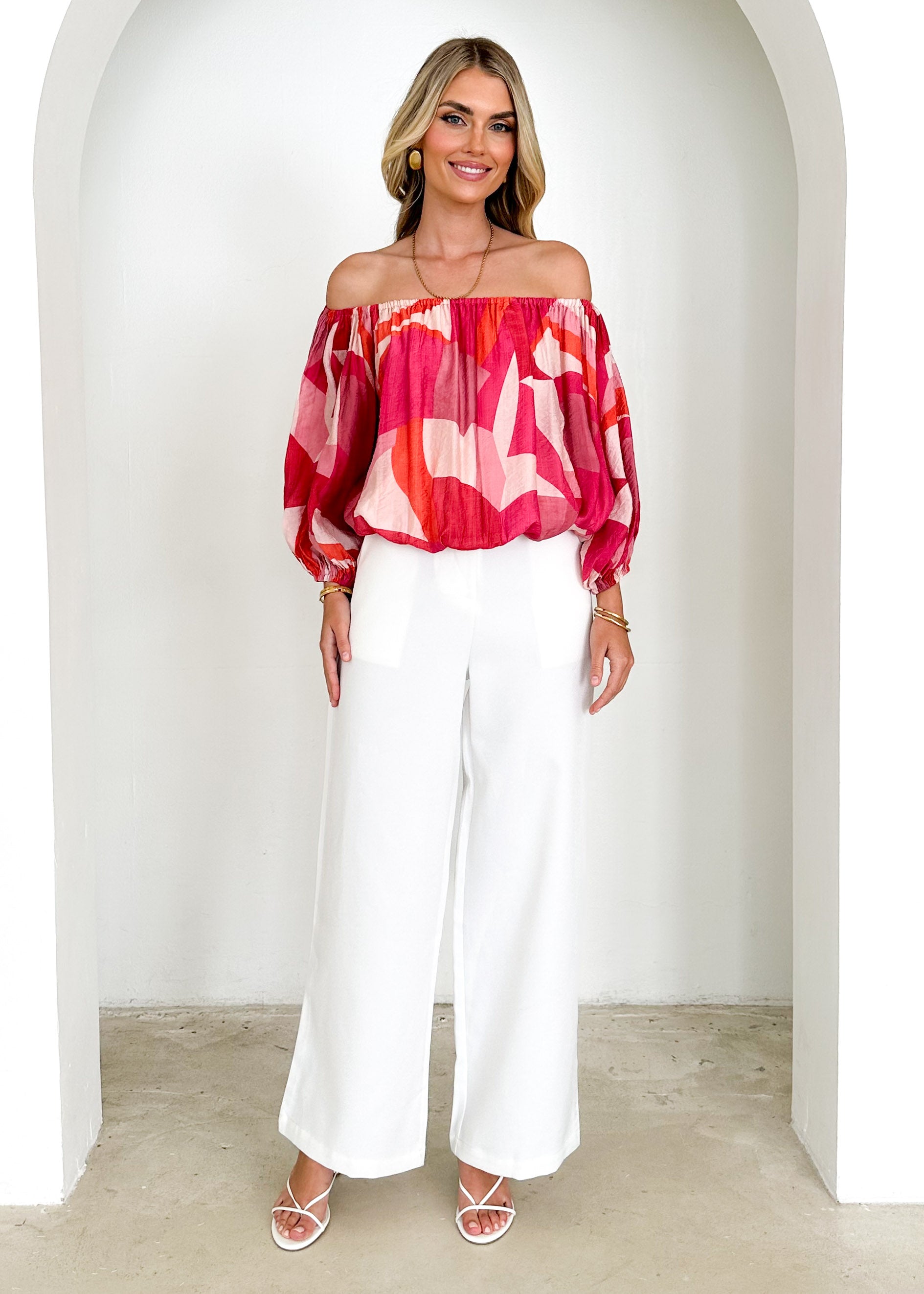 Vida Off Shoulder Blouse - Pink Geo