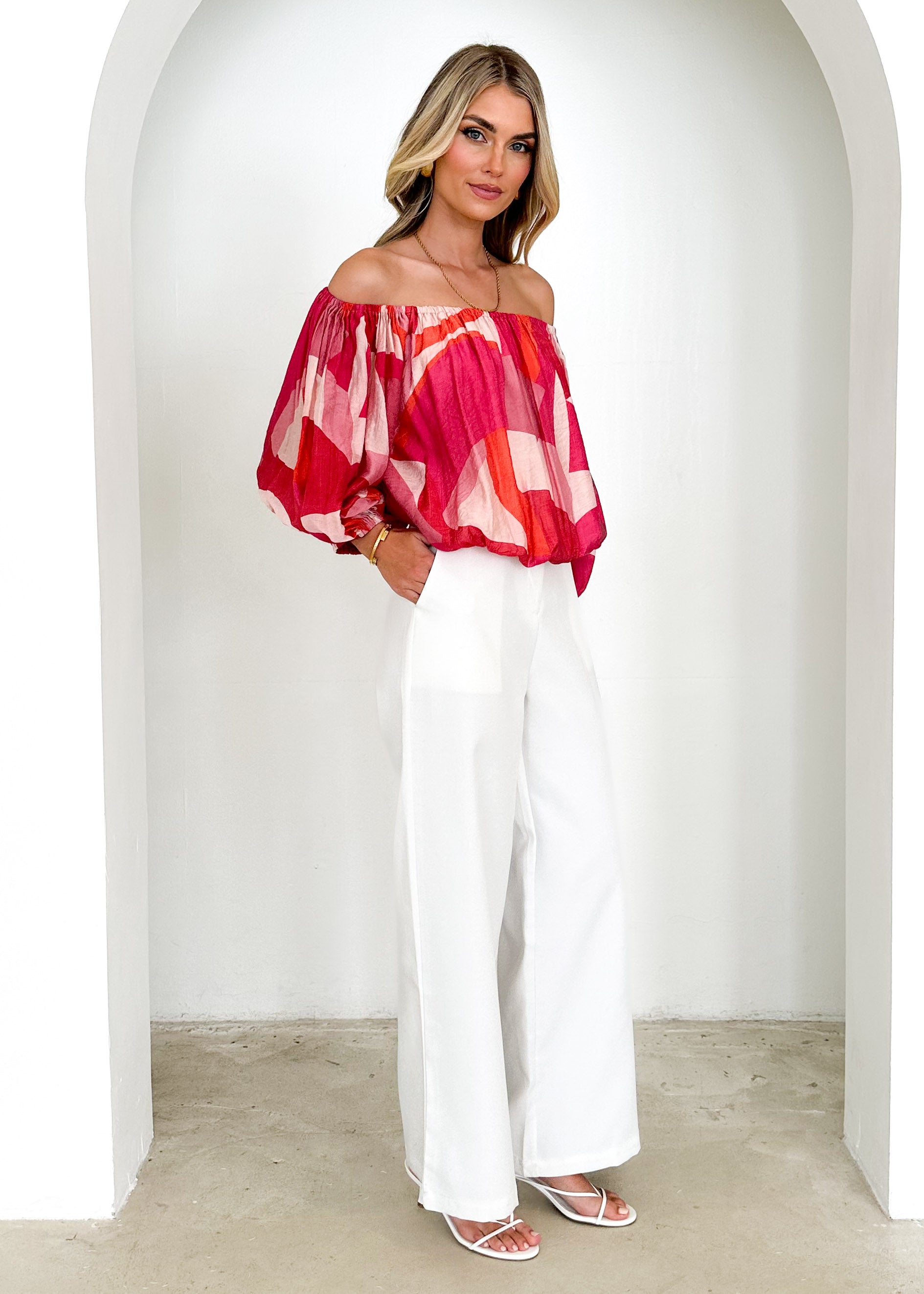 Vida Off Shoulder Blouse - Pink Geo