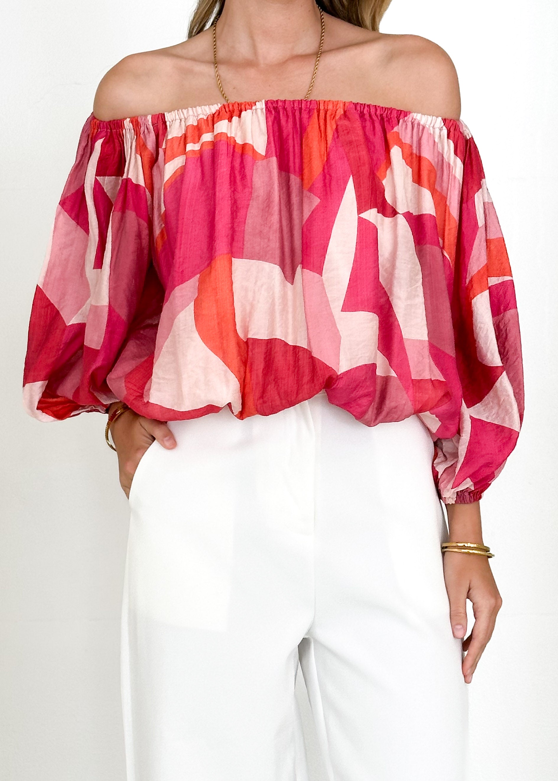 Vida Off Shoulder Blouse - Pink Geo