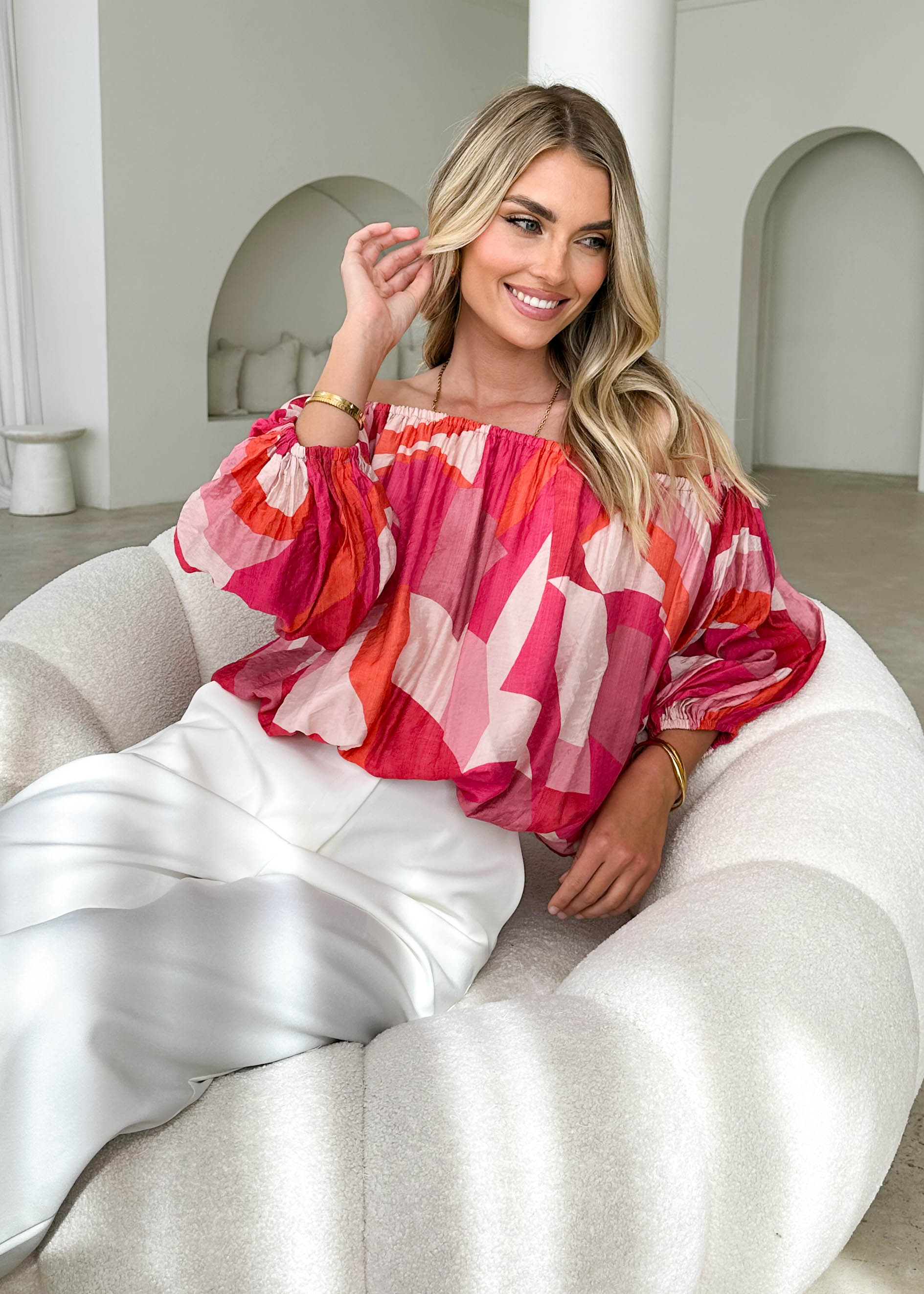 Vida Off Shoulder Blouse - Pink Geo