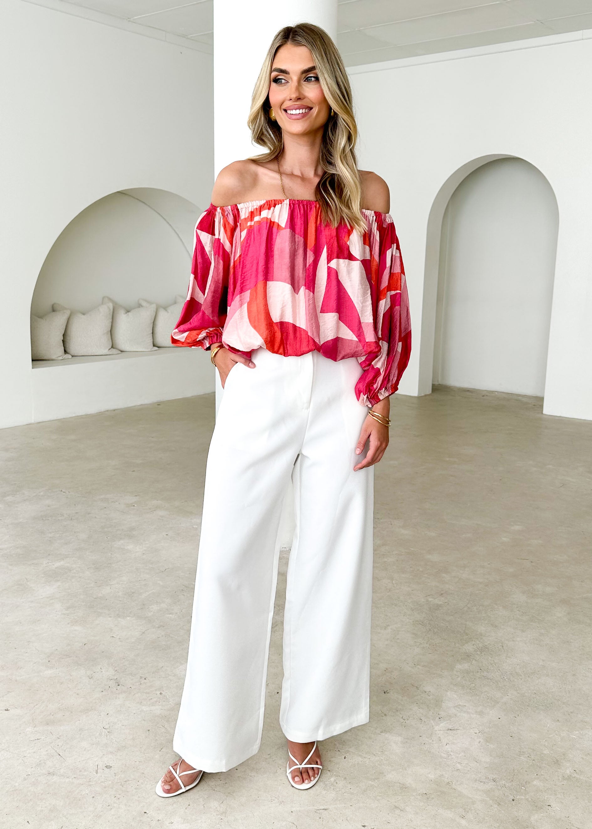 Vida Off Shoulder Blouse - Pink Geo