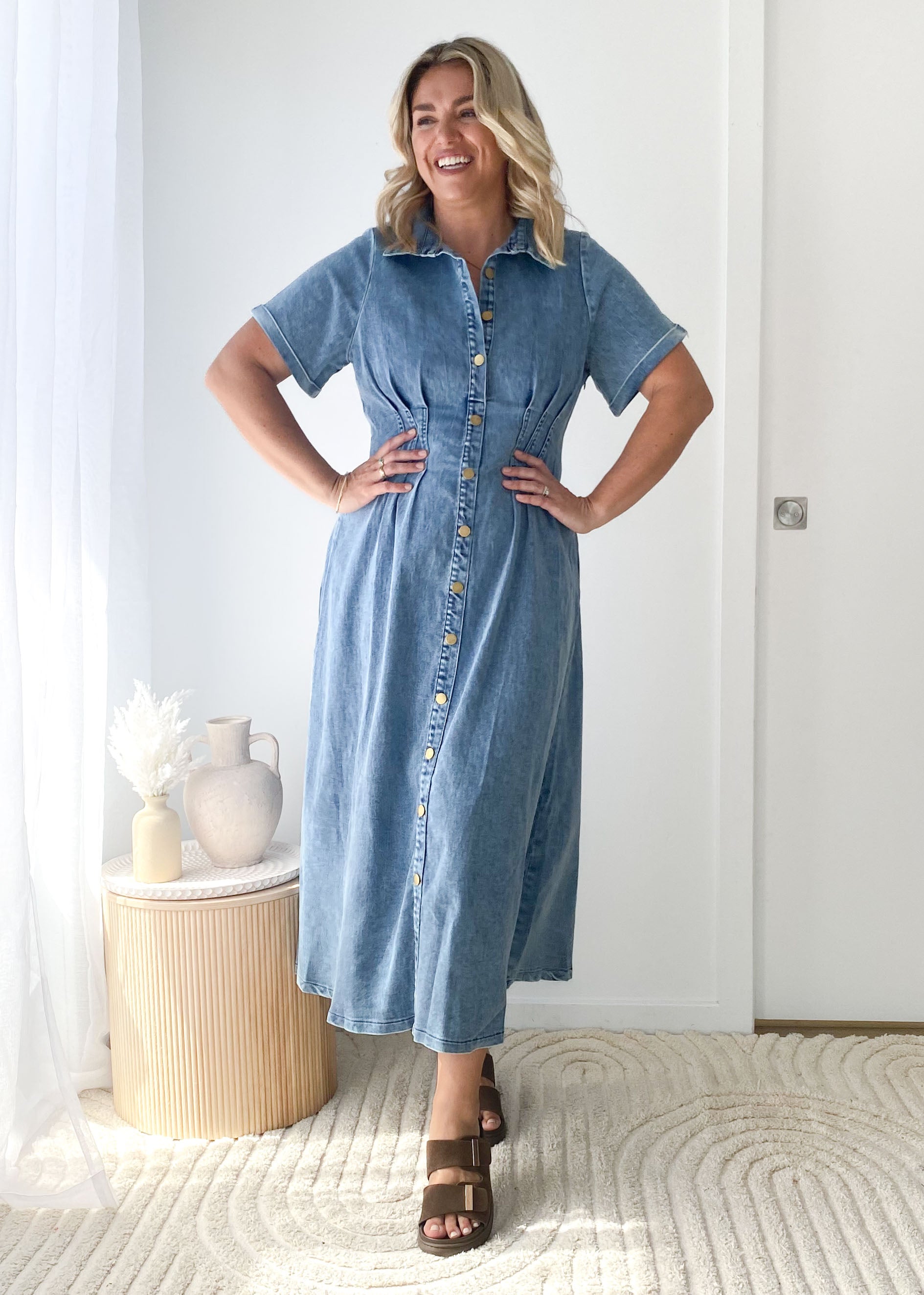 Annika Denim Midi Dress - Washed Blue