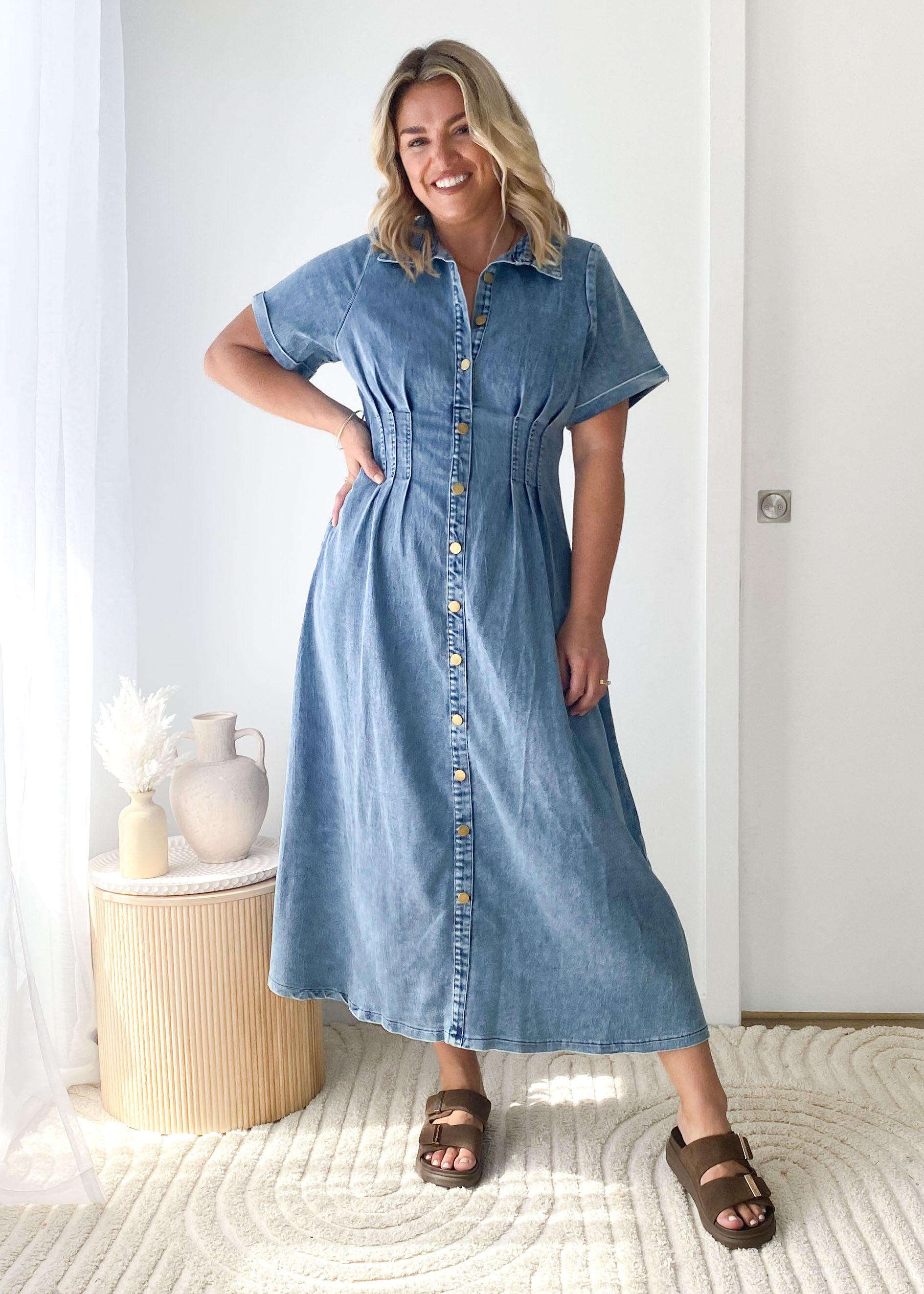 Annika Denim Midi Dress - Washed Blue