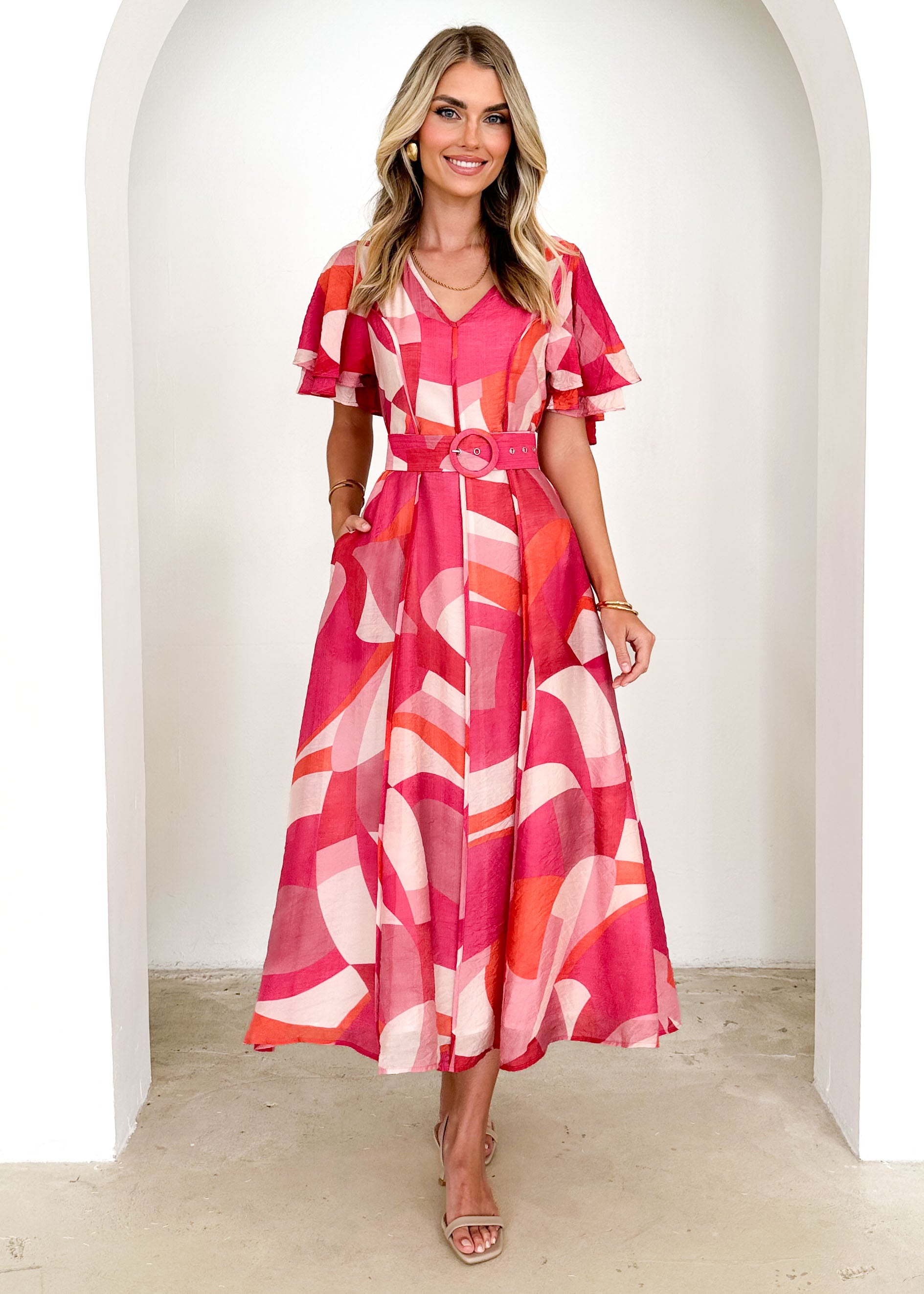 Callie Midi Dress - Pink Geo