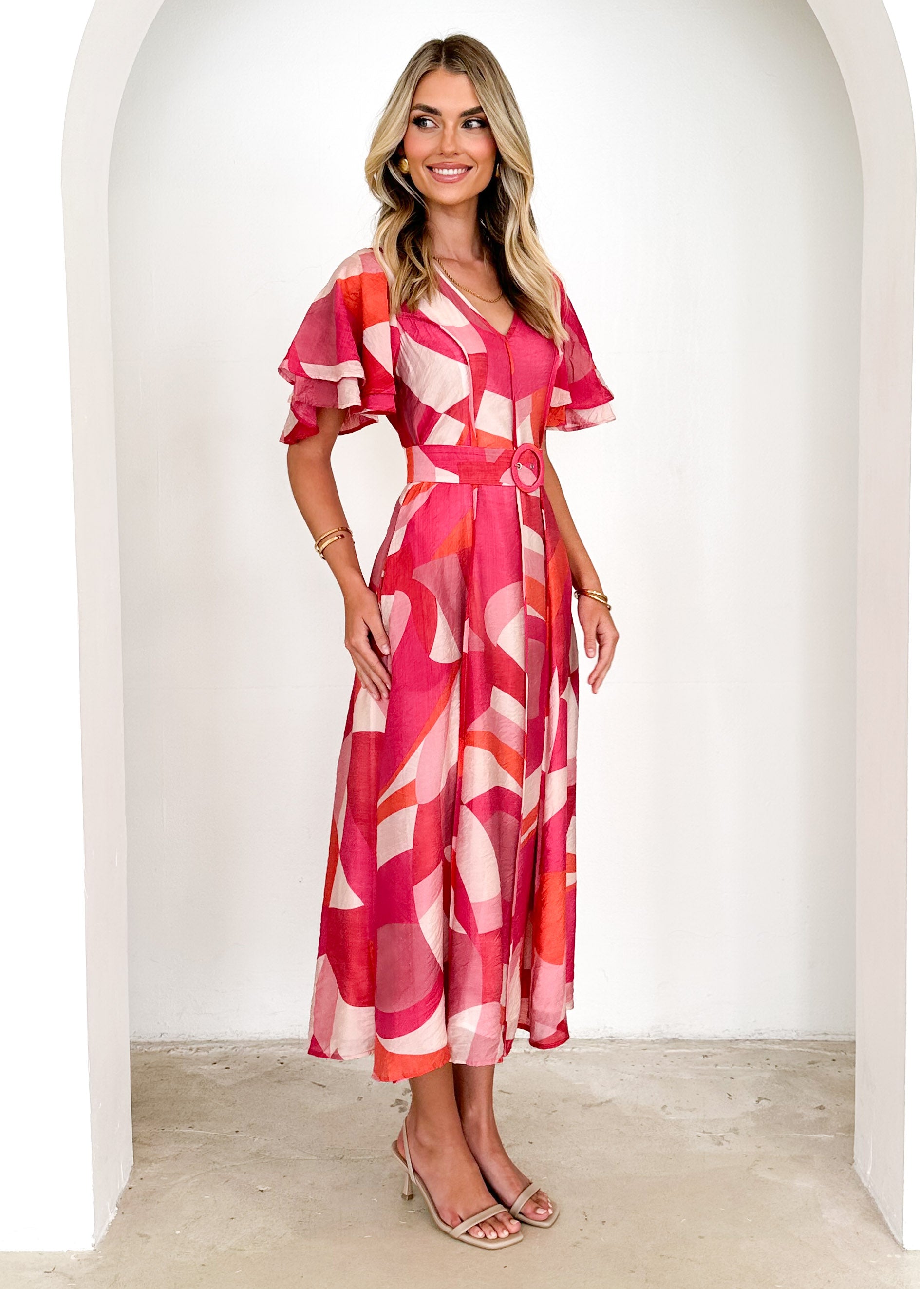 Callie Midi Dress - Pink Geo