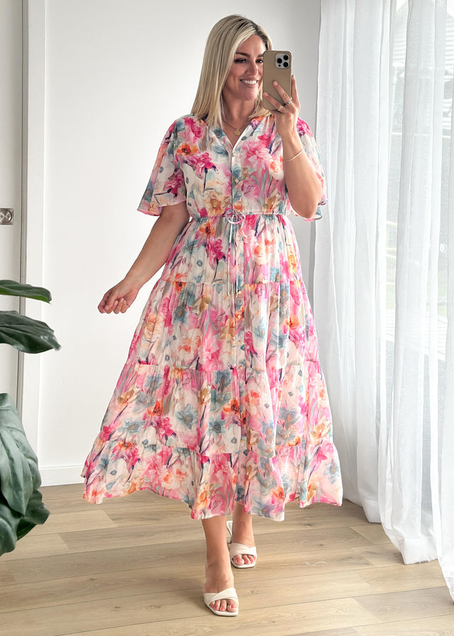 Siana Midi Dress - Pink Blooms