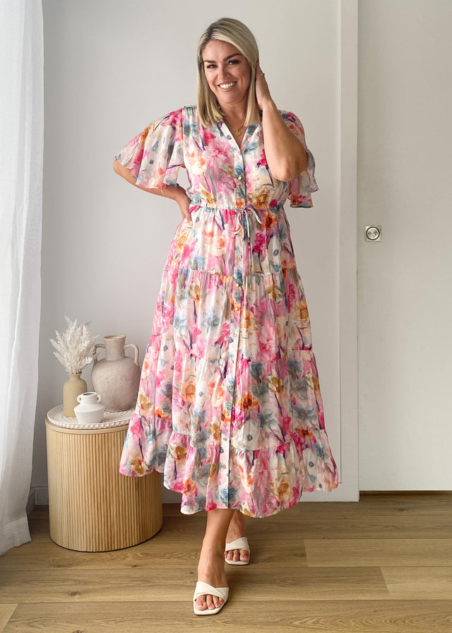 Siana Midi Dress - Pink Blooms