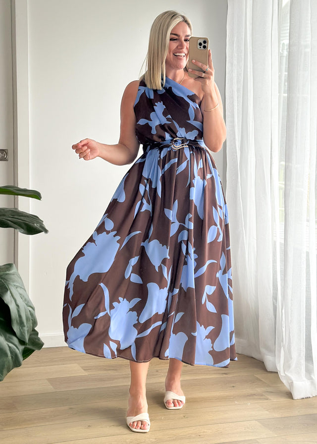 Korah One Shoulder Midi Dress - Blueberry Choc