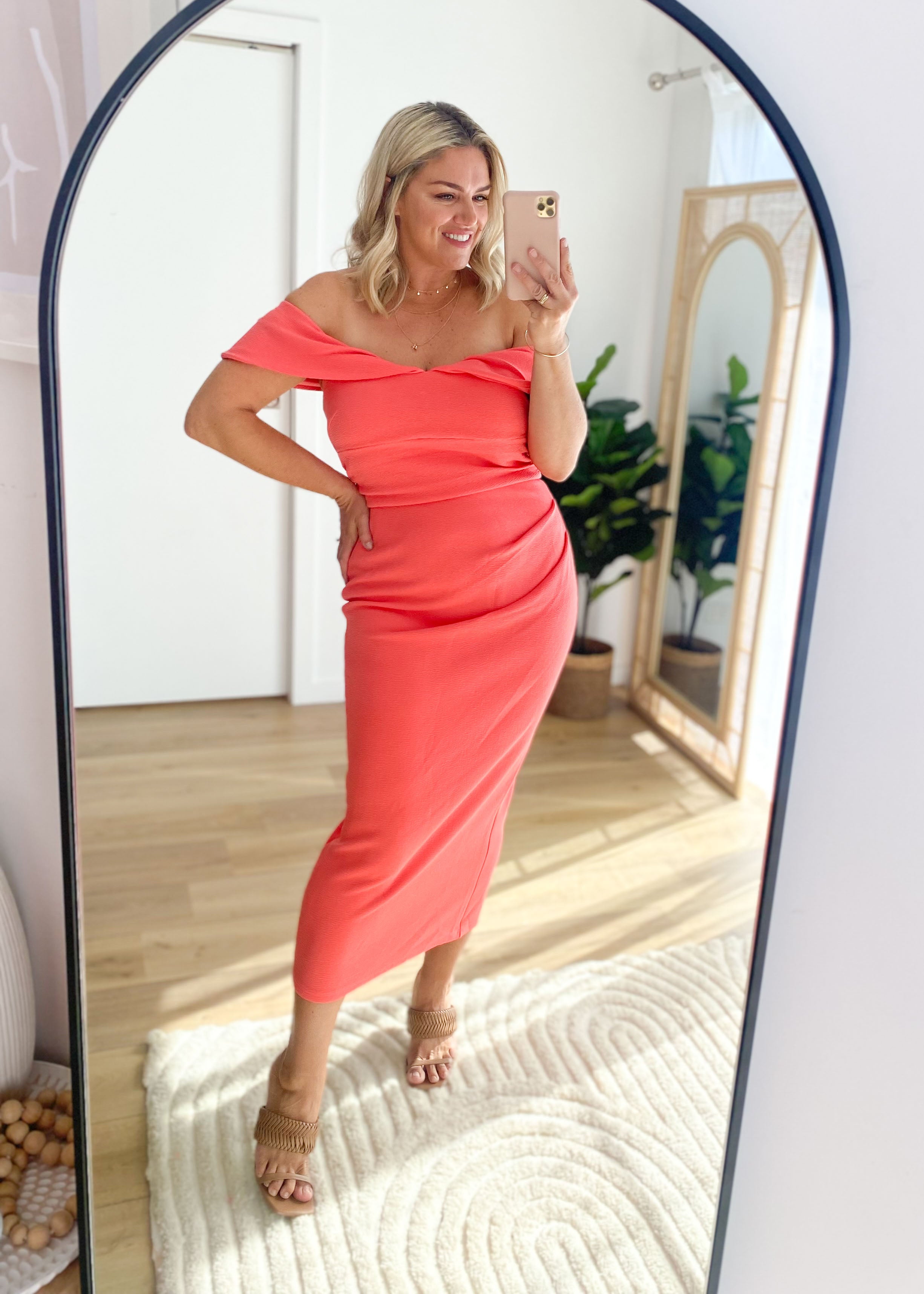 Valeria Off Shoulder Midi Dress - Watermelon