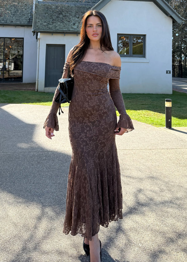 Cabo Off Shoulder Lace Maxi Dress - Chocolate Gingham & Heels Cabo Off Shoulder Lace Maxi Dress - Chocolate Gingham & Heels