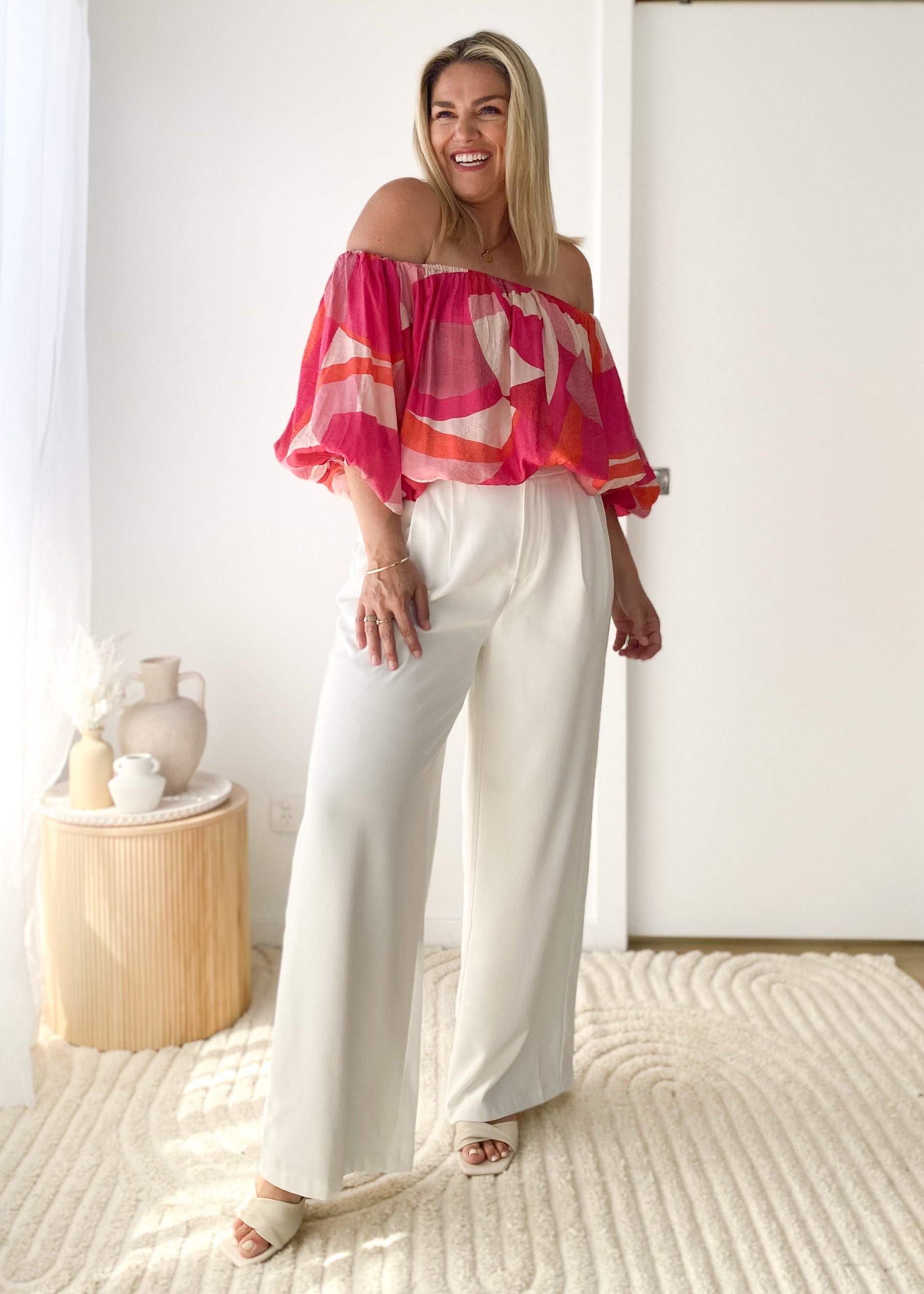 Vida Off Shoulder Blouse - Pink Geo