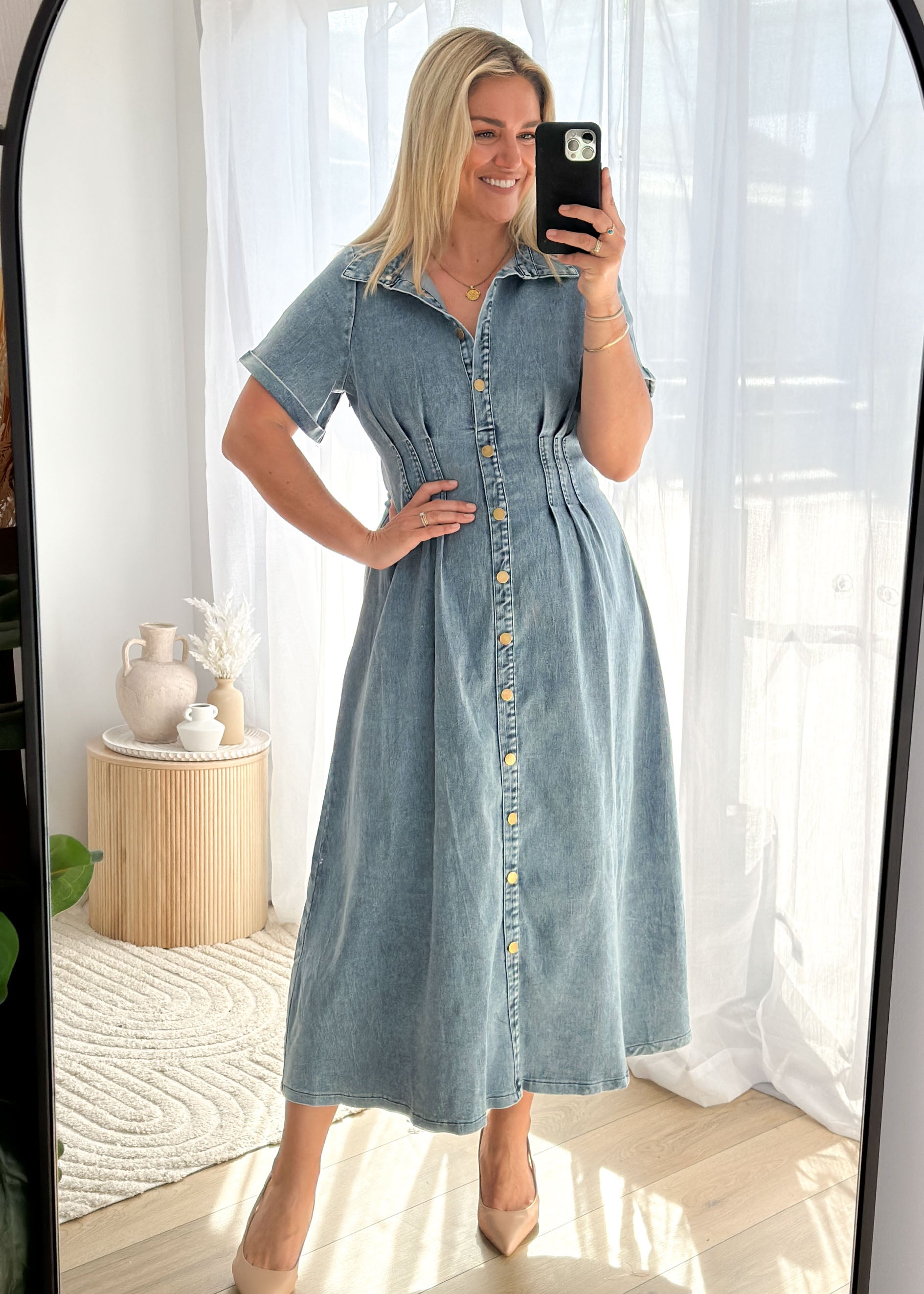 Annika Denim Midi Dress - Washed Blue