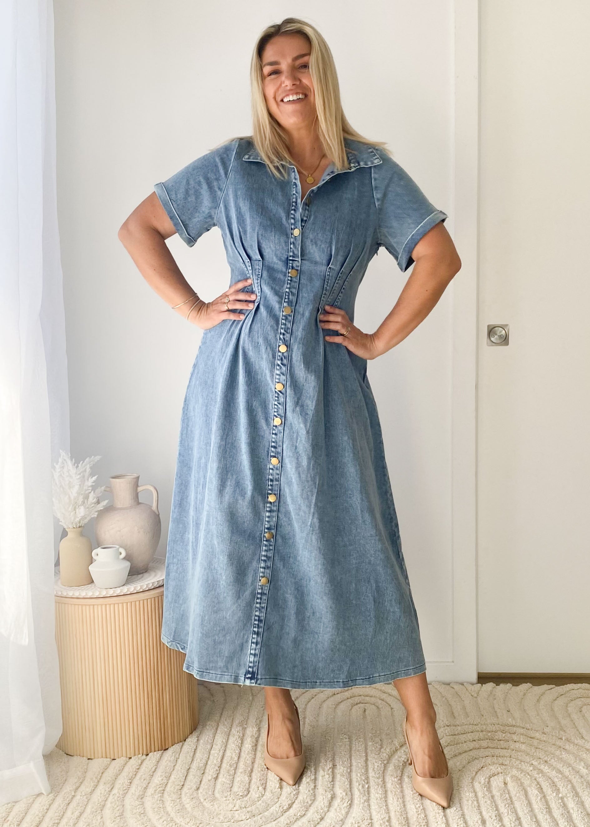 Annika Denim Midi Dress - Washed Blue