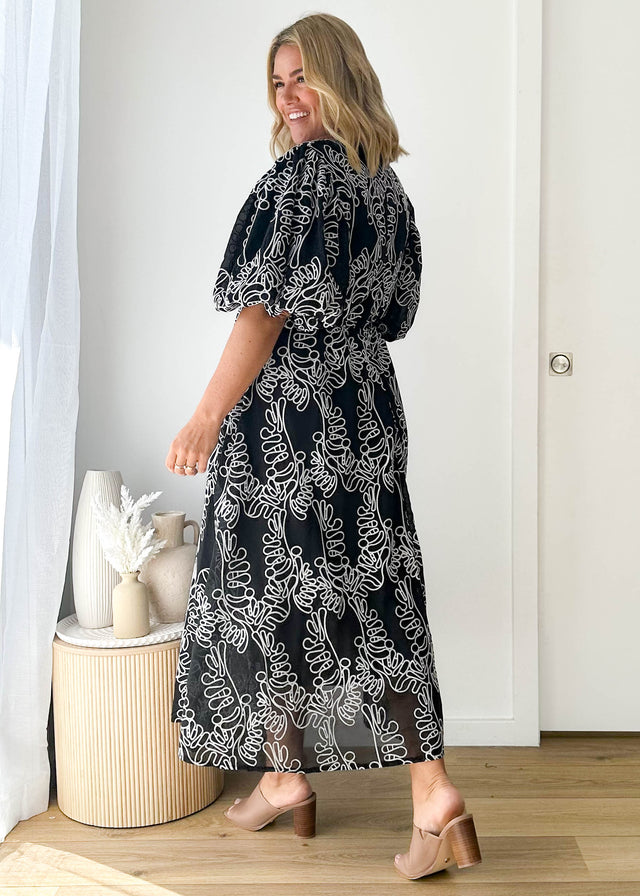 Ninetta Midi Dress - Black Embroidered